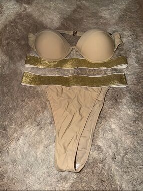 PrettyLittleThing Nude Bikini Set with Gold Elastic Detail